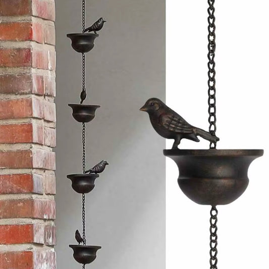Creative Birds on Cups Metal Rain Chain Rain Catcher Gutter Roof Rainwater Catcher Chain Drainage Downspout Tool Outdoor Decor