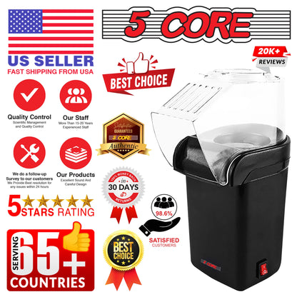 5 Core Popcorn Machine 16 Cup Hot Air Popper Mini Portable Electric Pop Corn Maker Black